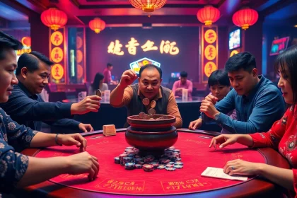 Xóc đĩa gambling scene with players excitedly placing bets in a colorful casino atmosphere