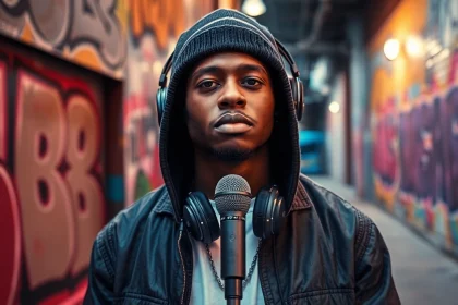 Engaging portrait of hip-hop artist Ok88 performing in an urban setting.