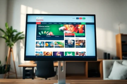 Engage with https://ok88b.com on a stylish computer showcasing vibrant casino games.
