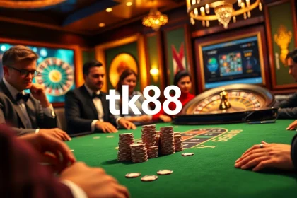 A thrilling poker game at a lavish casino, showcasing players focusing on their hands with chips stacked, emphasizing tk88 for premier betting excitement.