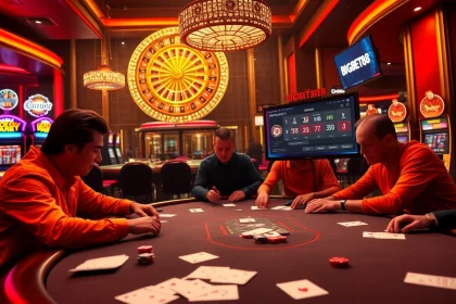 Experience the thrill of BIGBET88 at a luxurious casino table with poker chips and a spinning roulette wheel.